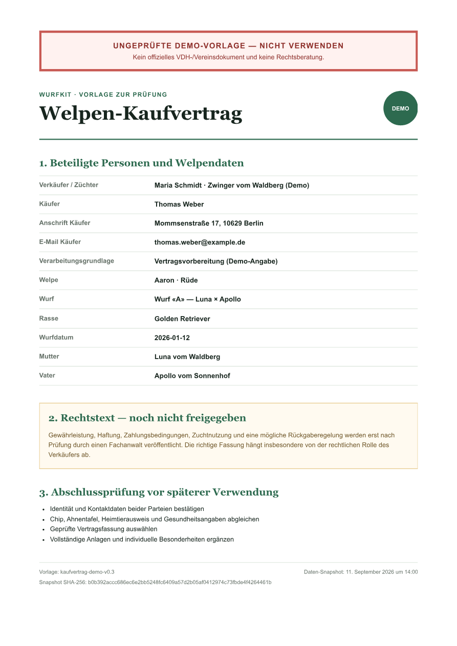 Beispiel eines WurfKit Kaufvertrags als einseitiges PDF