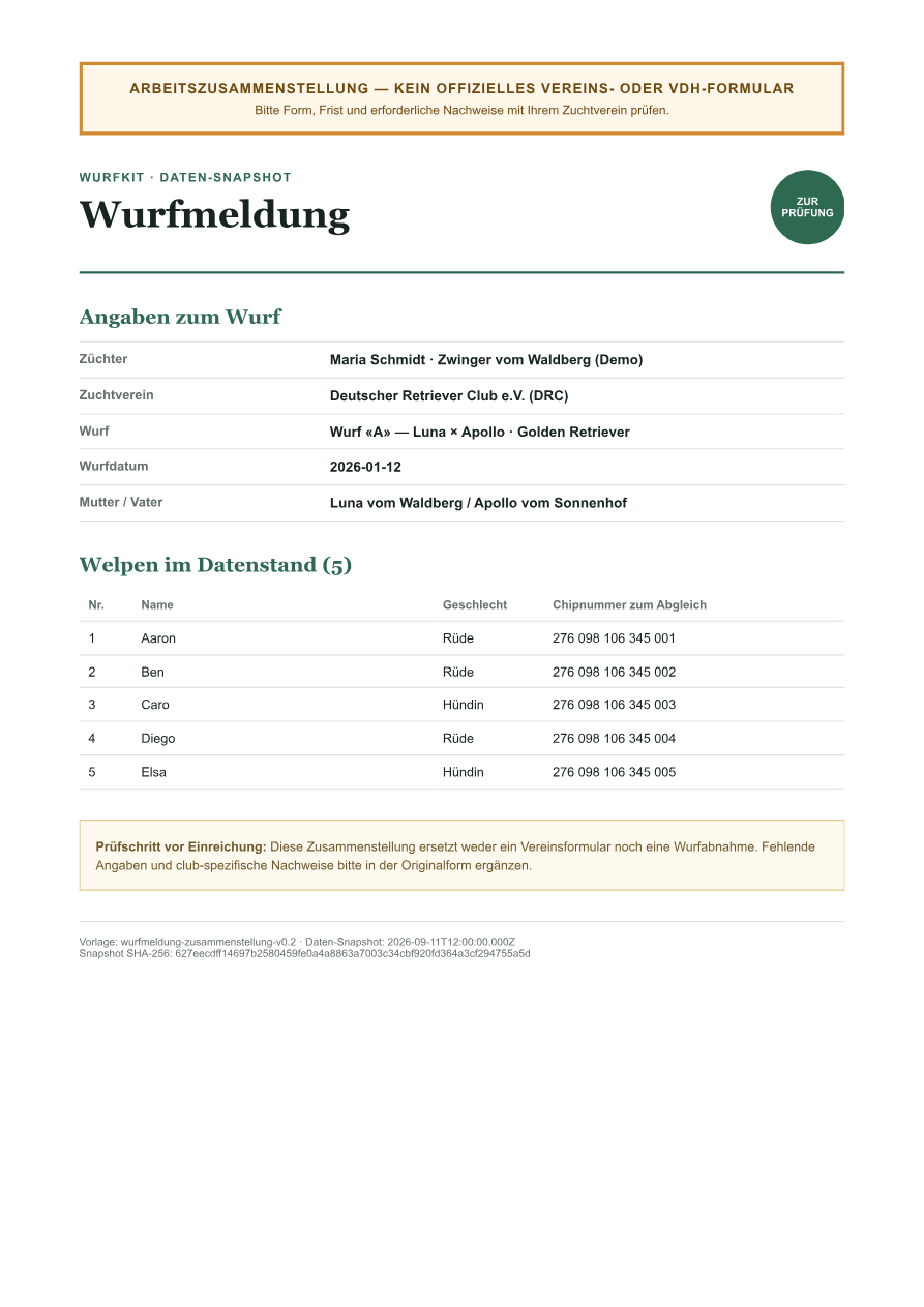 Vorschau Wurfmeldung
